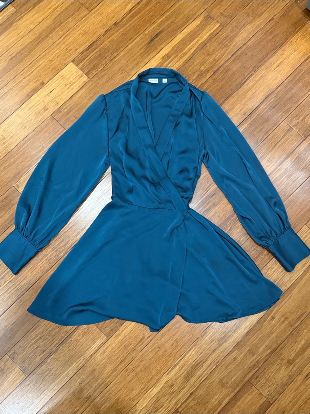 Babaton Teal silky Wrap-Style Long Sleeve Mini Dress